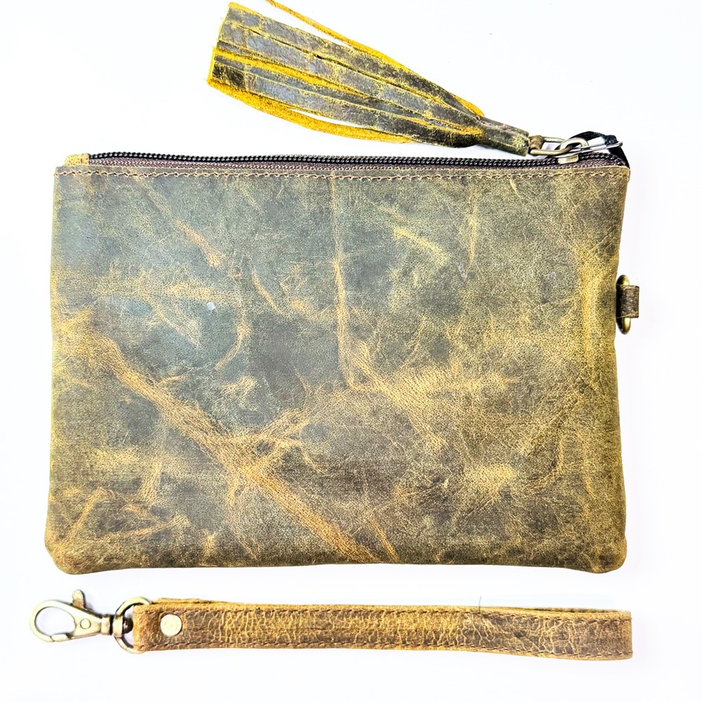 Hair On Hide Leather Wristlet Cowhide Clutch Western Ranch Rustic Brown/White - Picture 5 of 5